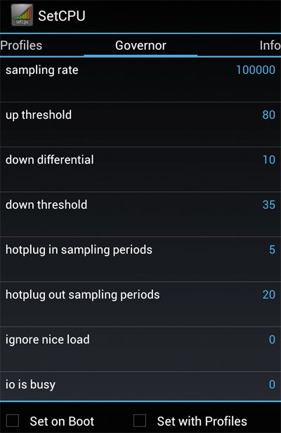 SetCPU's Governor tab showing the 'conservative' governor settings