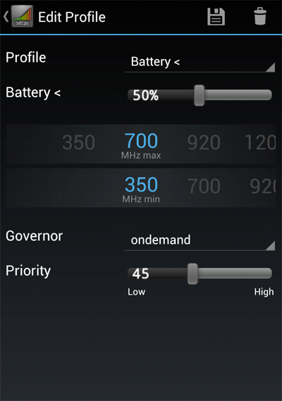 Profile edit menu, editing a battery condition profile